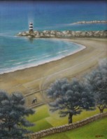 Auktion 375<br>monogrammierte Gouache, Strand mit Leuchtturm, ger./Glas, RG 69 x 58,5cm