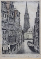 Auktion 375<br>kl. Farbradierung, signiert und betitelt, Hamburg, ger./Glas, RG 25,5 x 19,5cm