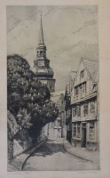 Auktion 375<br>K&auml;the WAGNER-FRANCK (1879-?), St. Cosmaiekirche in Stade, Radierung, &auml;lter, Rahmen besch&auml;digt, RG 77,5 x 52,5cm