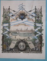 Auktion 375<br>Erinnerungsblatt zur 300-Jahr-Feier der Kaufleute- und Schiffer-Br&uuml;derschaft in Stade vom 7. Dezember 1856,  ger./Glas, Blatt eingerissen. RG 75 x 54,5cm
