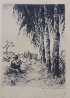 Auktion 375<br>unleserl. signierte Radierung, Knabe mit Fl&ouml;te am Bach, &auml;lter, gerahmt/Glas, Altersspuren, RG 31 x 25cm