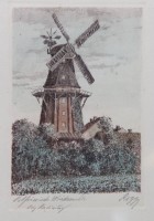 Auktion 375<br>Rogge, Ostfriesische Windm&uuml;hle, Farbradierung, ger./Glas, RG 26 x 20cm
