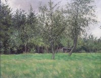 Auktion 375<br>Karl MEYER-NIETING (1900-1980), Landschaft, &Ouml;l/Malkarton, wellig (Feuchtigskeitsschaden), alt gerahmt, RG 48 x 58cm