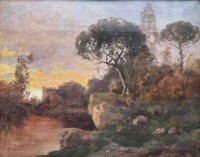 Auktion 375<br>monogrammist "HR", Landschaft im Abendlicht, &auml;lter, &Ouml;l/Leiwand (doubliert), alt gerahmt, Rahmen besch&auml;digt, RG 40 x 47cm