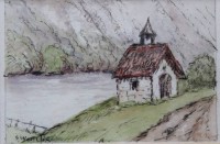 Auktion 375<br>Sophie WENCKE (1874-1963), kl. Kapelle, Mischtechnik, ger./Glas, RG 19,5 x 25,5cm