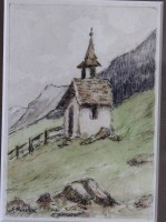 Auktion 375<br>Sophie Wencke (1874-1963), kl. Kapelle, Mischtechnik, ger./Glas,  RG 30 x 21cm