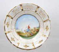 Auktion 375<br>Osterschale um 1900, Zwergenmotiv, Goldzier berieben, Spruch "Von meiner Pathe", H-5cm D-24,3cm