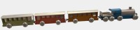 Auktion 375 / Los 12034 <br>Miniatur Zug Gebr. Hildner, Dampflok, 3 Personenwagen, Metall/Holz