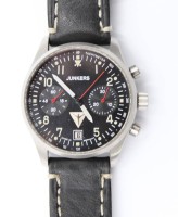 Auktion 375<br>Junkers Handaufzug Chronograph, Edelstahl, Lederarmband, Saphirglas, Glasboden, Leuchtzeiger, Werk l&auml;uft, D-3,5cm