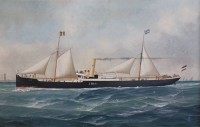 Auktion 375<br>K&auml;pit&auml;nsbild/&Ouml;lgem&auml;lde des Schiffes &bdquo;Iris vor Cuxhaven &ldquo; von dem deutsch-belgischen Marinemaler John Henry Mohrmann (1857-1916), unsigniert aber zugeschrieben, &Ouml;l/Leinwand, gerahmt, RG 70 x 110cm, Sperrgut!, leicht restau. bed&uuml;rftig