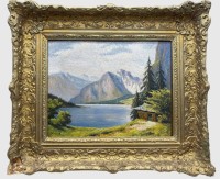 Auktion 375 / Los 4040 <br>Okrusch "Bergsee" &Ouml;l/Pappe, Goldrahmen, Ecke mit Abplatzer, RG 43x37,5 cm