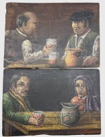 Auktion 375 / Los 4041 <br>2 Gem&auml;lde auf dicker Holzplatte, Trinkerszenen, undeutl. rot signiert, Craquel&egrave;, 32x22 cm, Holzdicke 2 cm, wohl 19.Jhd?