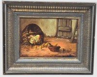 Auktion 375 / Los 4042 <br>undeutl. signiert "Huhn mit K&uuml;ken" &Ouml;l/Holz, gerahmt, RG 21x26 cm