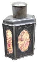 Auktion 375 / Los 15520 <br>antike chines. 6 eckige Zinn-Teedose, Bemalung hinter Glas, H-17,5 cm, B-11 cm