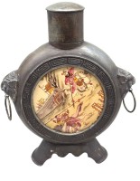 Auktion 375 / Los 15524 <br>antike chines. runde Zinn-Teedose, Bemalung hinter Glas, H-18 cm, B-15 cm, seitl. L&ouml;wenk&ouml;pfe mit Ringen