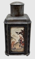 Auktion 375 / Los 15525 <br>antike chines. 4-eckige Zinn-Teedose, Bemalung hinter Glas, H-17,5 cm, B-8,5 cm