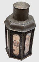 Auktion 375 / Los 15526 <br>antike chines. 7-eckige Zinn-Teedose, Bemalung hinter Glas, H-17,5 cm, D-10 cm