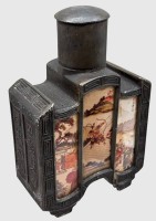 Auktion 375 / Los 15527 <br>antike chines. 3-fl&uuml;gelige Zinn-Teedose, Bemalung hinter Glas, H-17 cm, B-11 cm
