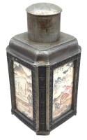 Auktion 375 / Los 15528 <br>antike chines. 6-eckige Zinn-Teedose, Bemalung hinter Glas