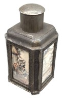 Auktion 375 / Los 15529 <br>antike chines. 4-eckige Zinn-Teedose, Bemalung hinter Glas, H-17,5 cm, D-8,5 cm