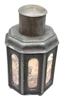 Auktion 375 / Los 15532 <br>antike chines. 8-eckige Zinn-Teedose, Bemalung hinter Glas, H-19 cm, D-11 cm