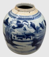 Auktion 375<br>antikes Ingwer-Gef&auml;ss mit Blaumalerei, "Baco" beschriftet? H-ca. 17 cm, D-ca. 18 cm, wohl 19.Jhd.