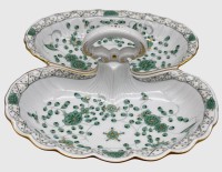 Auktion 375<br>2-passige Anbietschale "Meissen" indisch gr&uuml;n mit Gold, 1.Wahl, 24x19,5 cm