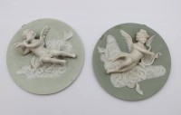 Auktion 375<br>2x Reliefbilder, Jugendstil, je besch&auml;digt, ca. D-12cm