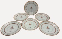 Auktion 375<br>6x Chinesischer Export-Porzellanteller aus dem 18. Jahrhundert, handbemalt mit Blumenkorbmotiv,D- 23 cm, einige minim. Rand-Ablatzer