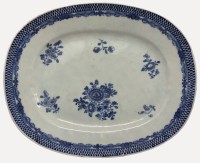 Auktion 375<br>ovale Servierplatte aus chinesischem Exportporzellan mit blauem Unterglasurdekor aus dem 18. Jahrhundert (Qianlong-Periode), ca. 30x24 cm, Rand mit kl. Abplatzer