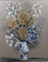 Auktion 375<br>Blumen in Vase, monogrammiert, Mischtechnik, ungerahmt, restau.bed&uuml;rftig, ca. 68 x 56cm
