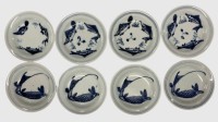 Auktion 375<br>8x div. kleine Sch&auml;lchen mit Karpfen/Koi Dekor, blau/weiss, Bodenmarken, D-9 cm