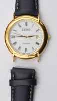 Auktion 375<br>Zeno-Quarzuhr mit einem goldfarbenen Geh&auml;use, Werk nicht gepr&uuml;ft, Armband auf einer Seitelose, ca. D-3,5cm