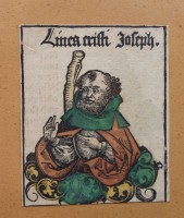 Auktion 375<br>handkolorierter historischer Holzschnitt aus der Schedelschen Weltchronik (Liber Chronicarum) von 1493, gedruckt bei Anton Koberger in N&uuml;rnberg, aus der Zeit ?, gerahmt/Glas, RG 23 x 18cm, MG 9 x 7,5cm