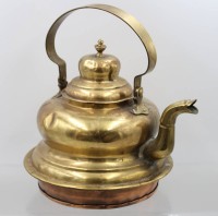 Auktion 375<br>antiker Herdwasserkessel, Kupfer/Messing, Altersspuren, ca. H-23cm