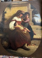 Auktion 375<br>anonymer Altmeister, Mutter mit Kindern, &Ouml;l/Leinen, mehrfach hinterlegt, Altersspuren, 88x67 cm