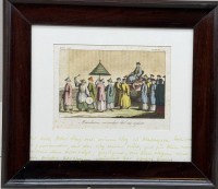 Auktion 375<br>historischen Kupferstich des 18.Jhd., Ein Mandarin im Kreis seines Gefolges, ital. beschriftet mit langer Widmung, ger/Glas, RG 30,5x26,5 cm