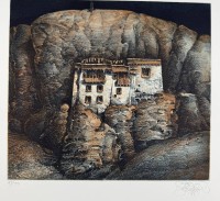 Auktion 375<br>J&ouml;rg SCHMEISSER (1942-2012), detailreiche  Aquatinta-Radierung , 1985, die vermutlich ein Motiv aus seiner Ladakh-Reise zeigt. Nr. 89/200, BG 45x40 cm