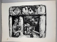 Auktion 375<br>unleserl. sign. grosse  Lithografie "Amsterdam Relik und Taube" betitelt, BG 48x63 cm, 1966, Nr. 4/55, li.unt. ein Fleck
