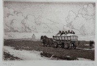 Auktion 375<br>Michael Wolff (1959) "Wattwagen vor Insel Neuwerk" Aquatinta-Radierung, Nr. 182/200, BG 20,5x27 cm