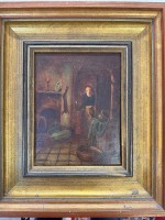 Auktion 375<br>Franz SCHRUDDE (1886-1972) "Frau im Zimmer mit Kerze"&Ouml;l/Malfaser, verso bezeichnet, gerahmt, RG 33,5x29 cm