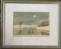 Auktion 375<br>Habl, 82 "Winterlandschaft mit auffliegenden Enten" Aquarell, ger/Glas