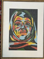 Auktion 375<br>unleserl. verso auf Blatt signiert, Frau mit Kopftuch, Aquarell, BG ca. 29x21 cm, ger/Glas, RG 42x32 cm