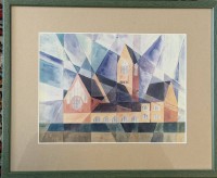 Auktion 375<br>prismatisch-geometrisches Aquarell, "Sakralbau" Aquarell, ger/Glas,schwer sichtbar unter PP signiert, ger/Glas, unge&ouml;ffnet, RG 31x38 cm, (Iuliia Kotenko??)