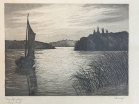 Auktion 375<br>C. Herzog "Abendfrieden" betitelte orig. Radierung, ger/Glas, verso "Am Johannistag 1930"