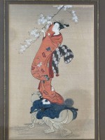 Auktion 375<br>japanisches Aquarell, Frau mit Kirschbl&uuml;tenzweig, ger/Glas, RG 44x32 cm