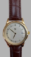 Auktion 376 / Los 2003 <br>Ultraflache Herrenuhr "ET" Quartz, neuwertig, orig. Schutz-Folie r&uuml;ckseitig, circa 40 g. Gr&ouml;&szlig;e (&Oslash;, H): 4 cm, 0,7 cm. Farbe: Gold, Wei&szlig;, Braun (Armband).