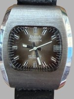 Auktion 376 / Los 2018 <br>vintage Roberta Automatic Herrenarmbanduhr aus den 1970er-Jahren, braunen Farbverlauf-Zifferblatt massiven kissenf&ouml;rmigen Edelstahlgeh&auml;us,  Werk l&auml;uft, guter Zustand, Lederband defekt