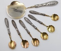 Auktion 376<br>antike Eisvorlegebesteck-Set, Jugendstil, 800er Silbergriffe, gute Erhaltung, ca. L-25,5cm u. 14,5cm