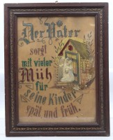 Auktion 376<br>Stickbild bzw. Hausspruch  um 1900, gerahmt/Glas, RG 48 x 38cm